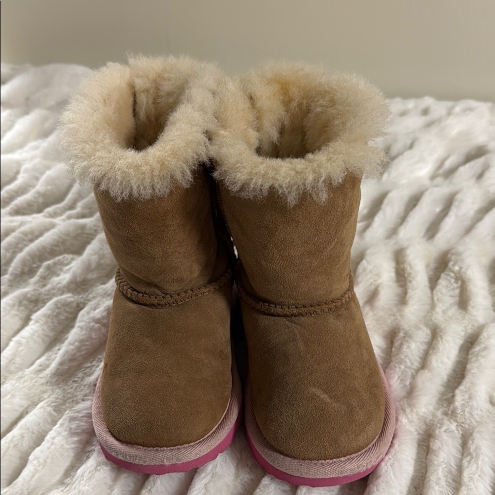 Ugg Kids Tan Shearling Winter Boots with Pink Soles